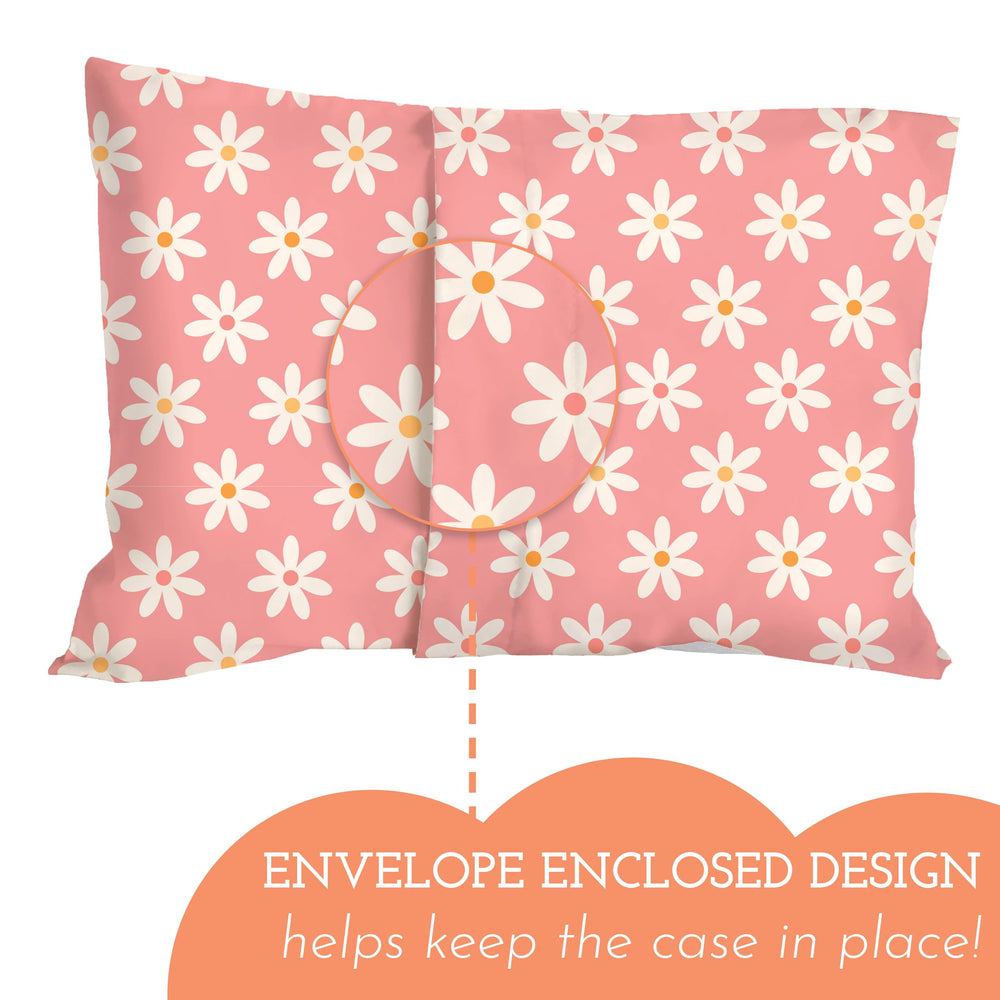 Little Sleepy Head daisies pillowcase envelope closure demonstrates secure, slip-free fit.