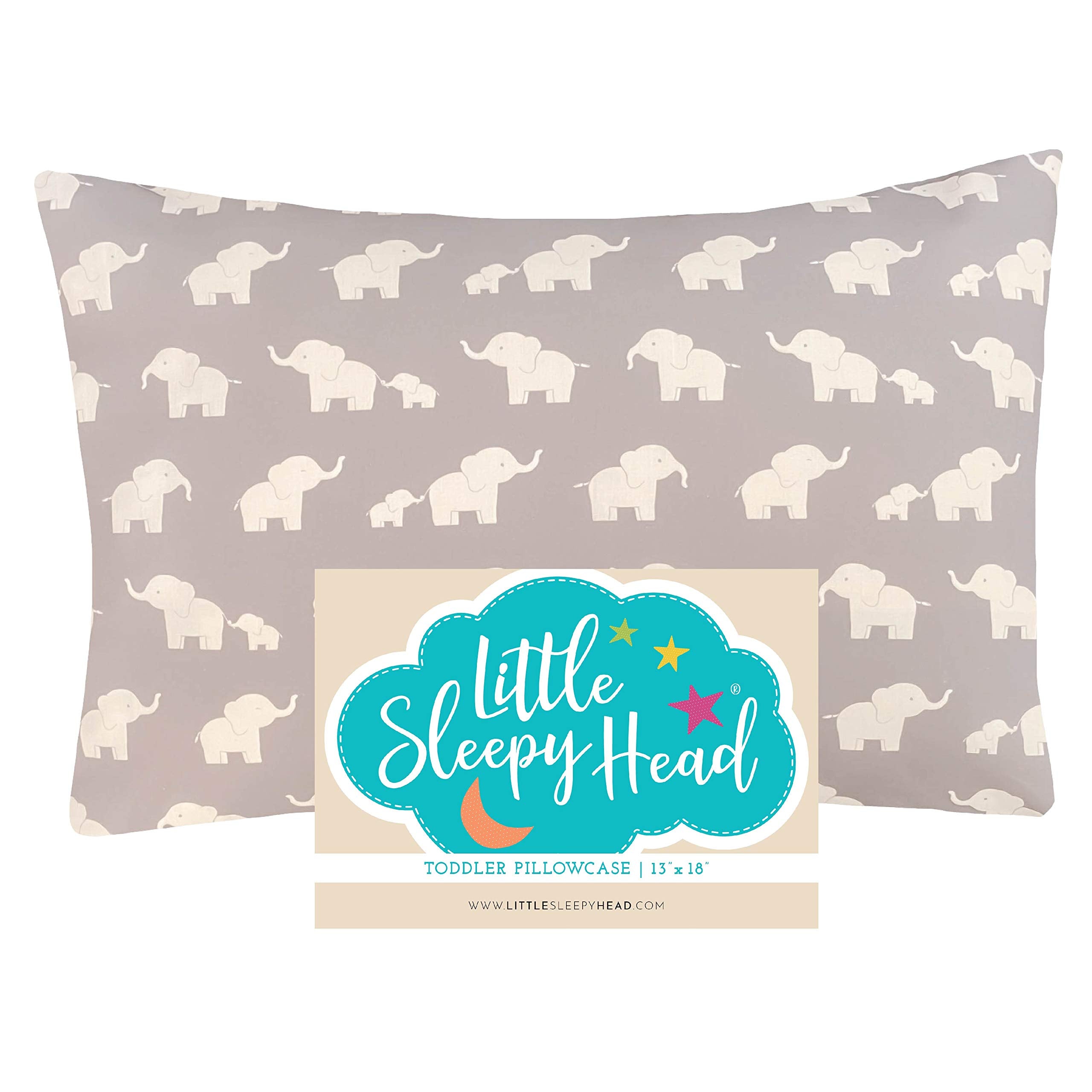 Little Sleepy Head Happy Elephants Gray pillowcase front view shows soft 100% cotton for toddlers.