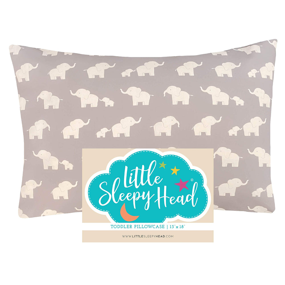 Little Sleepy Head Happy Elephants Gray pillowcase front view shows soft 100% cotton for toddlers.