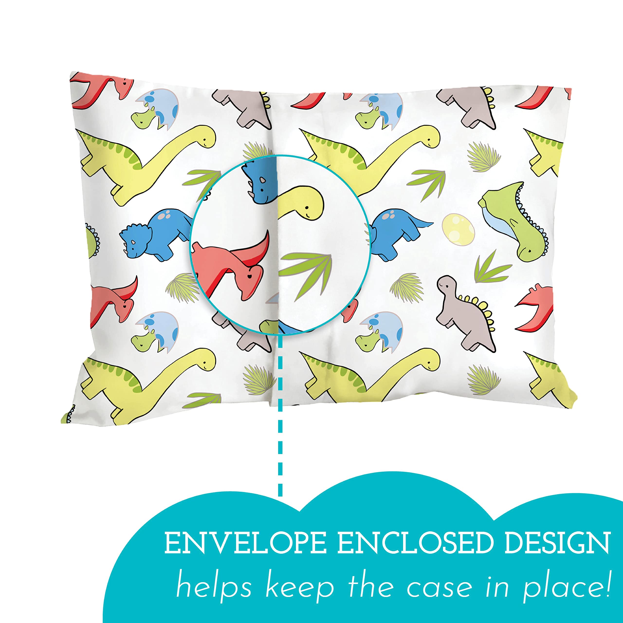 Little Sleepy Head travel pillow cover in dinosaurs white keeps pillows secure on the go.