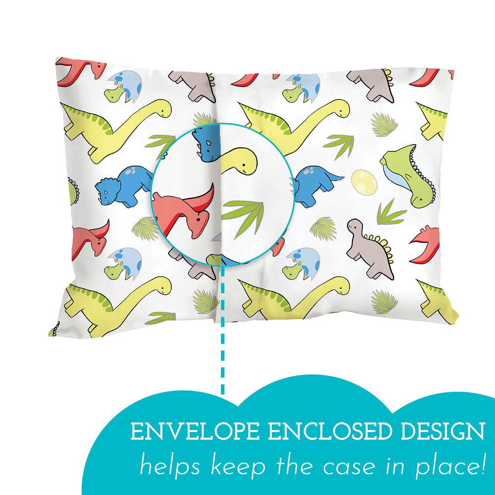 Little Sleepy Head travel pillow cover in dinosaurs white keeps pillows secure on the go.