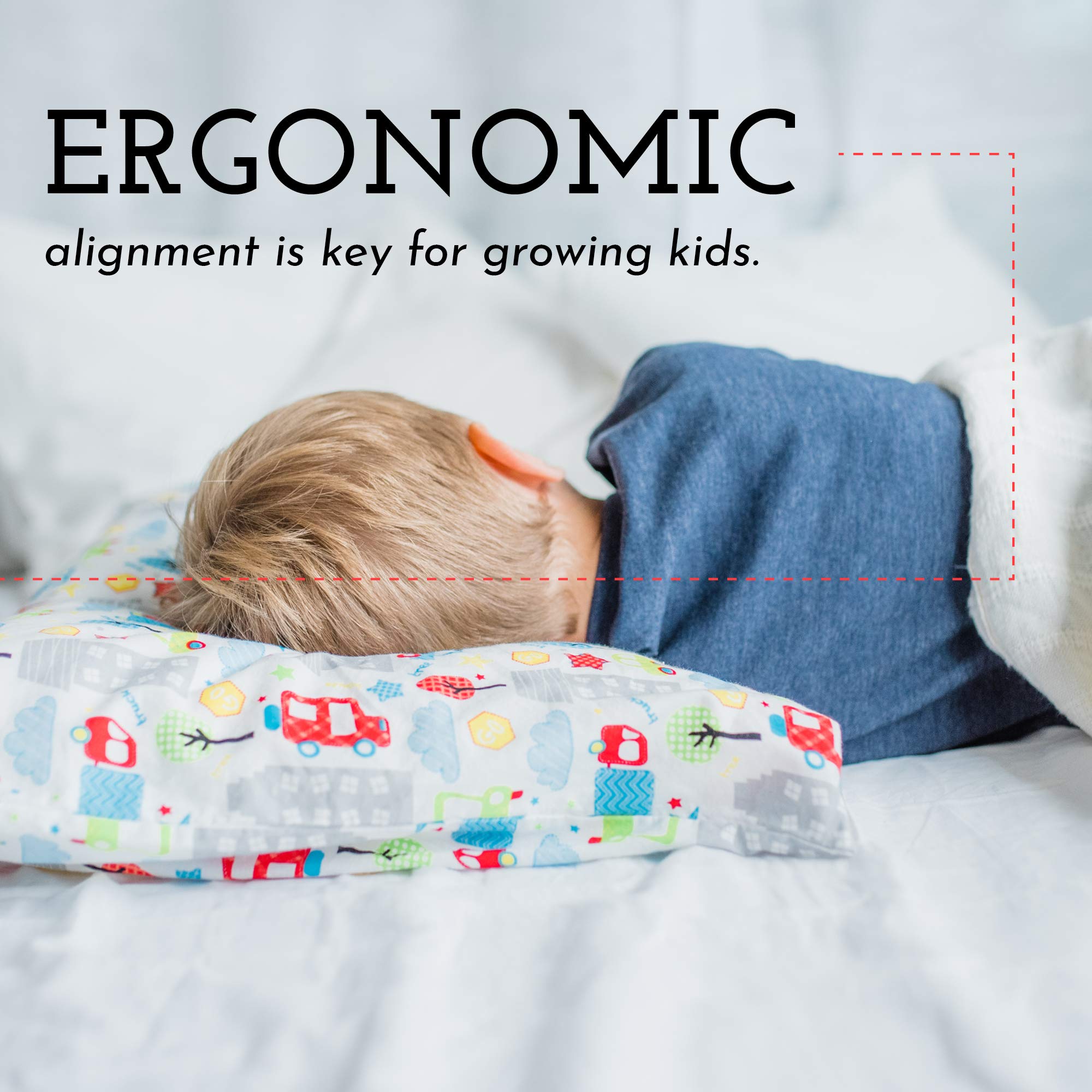 Ergonomic design image highlights neck support for growing children's alignment.