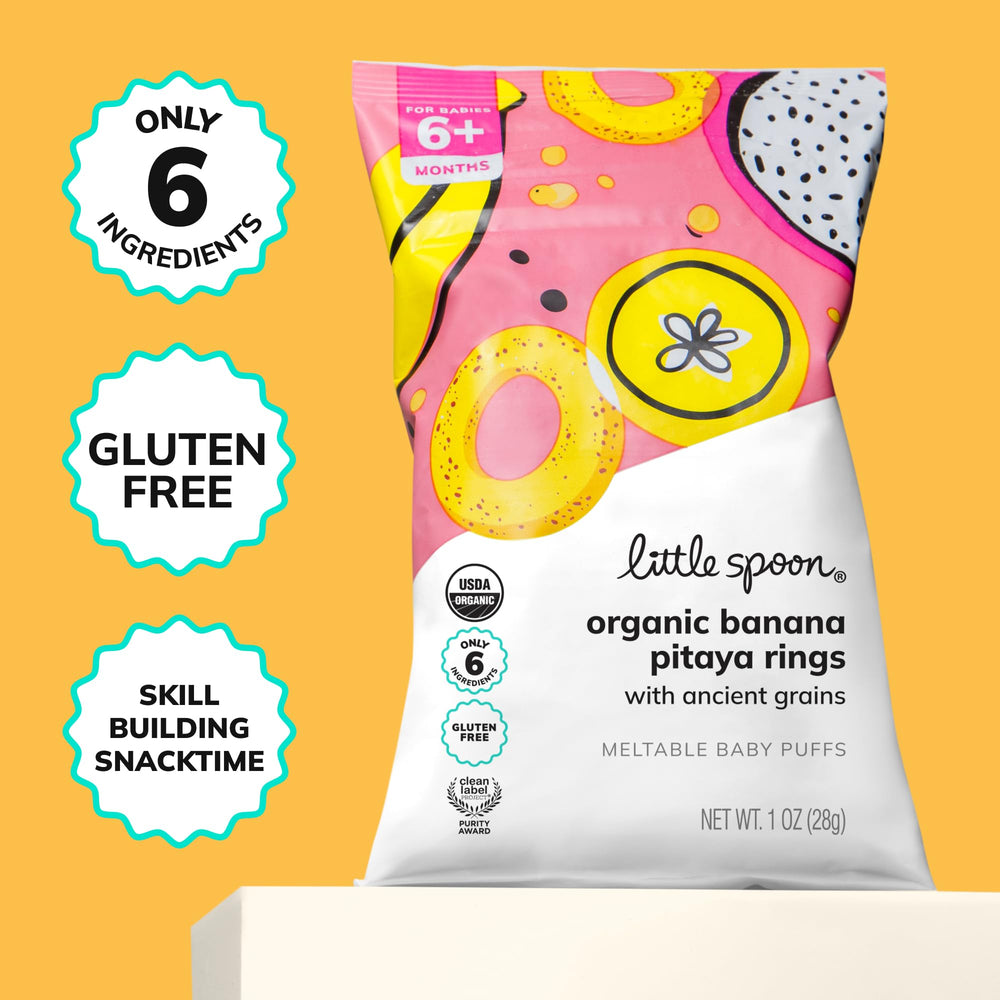 Little Spoon Banana Pitaya Meltable Baby Puffs clean-label certification badge signals purity.