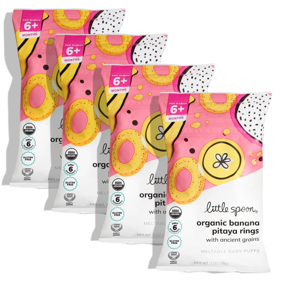 Little Spoon Banana Pitaya Meltable Baby Puffs front bag highlights organic self-feeding snack.
