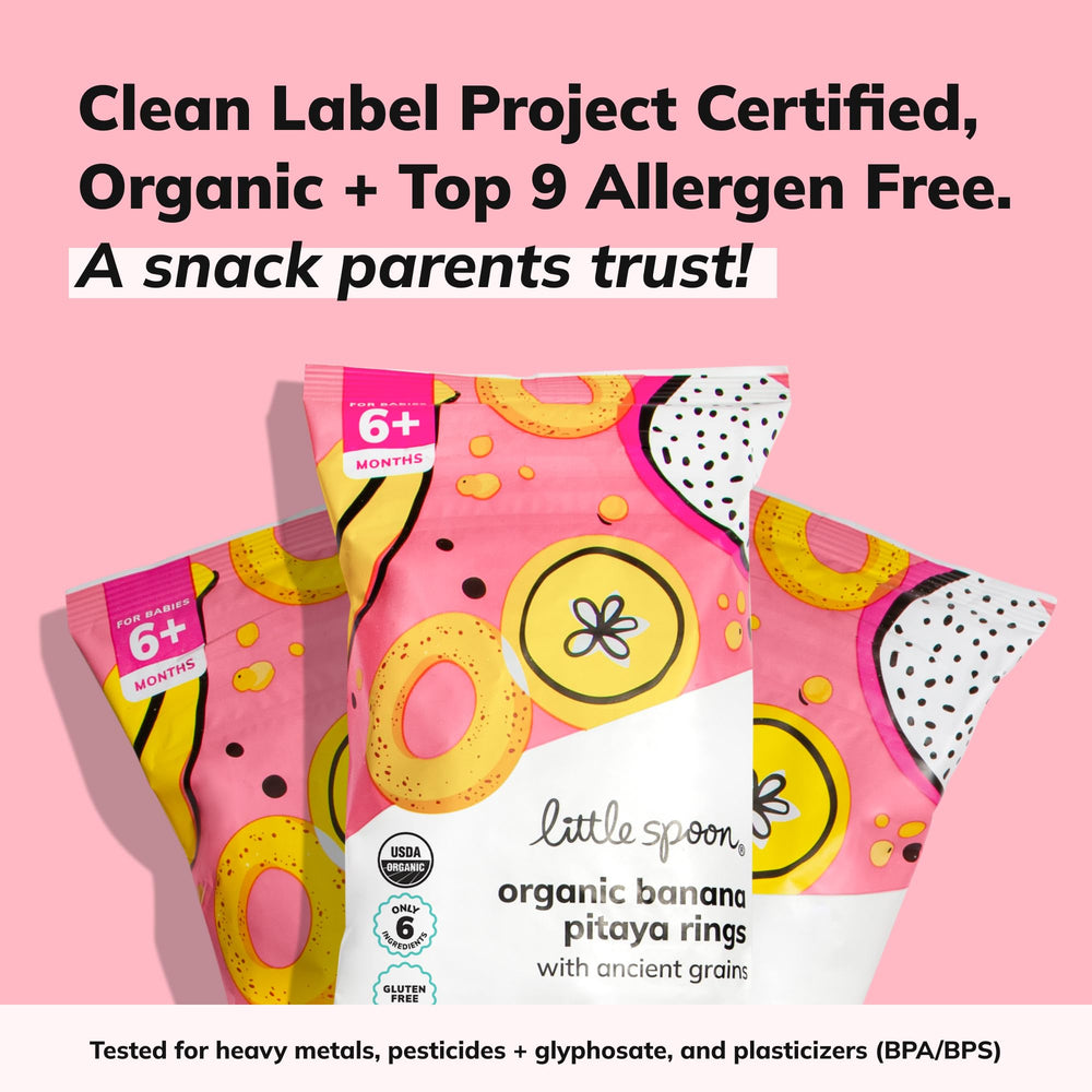 Little Spoon Banana Pitaya Meltable Baby Puffs melt-friendly texture close-up aids soothing gums.