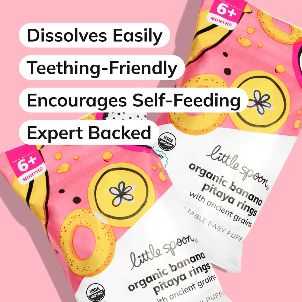 Little Spoon Banana Pitaya Meltable Baby Puffs on-the-go pack ready snack.
