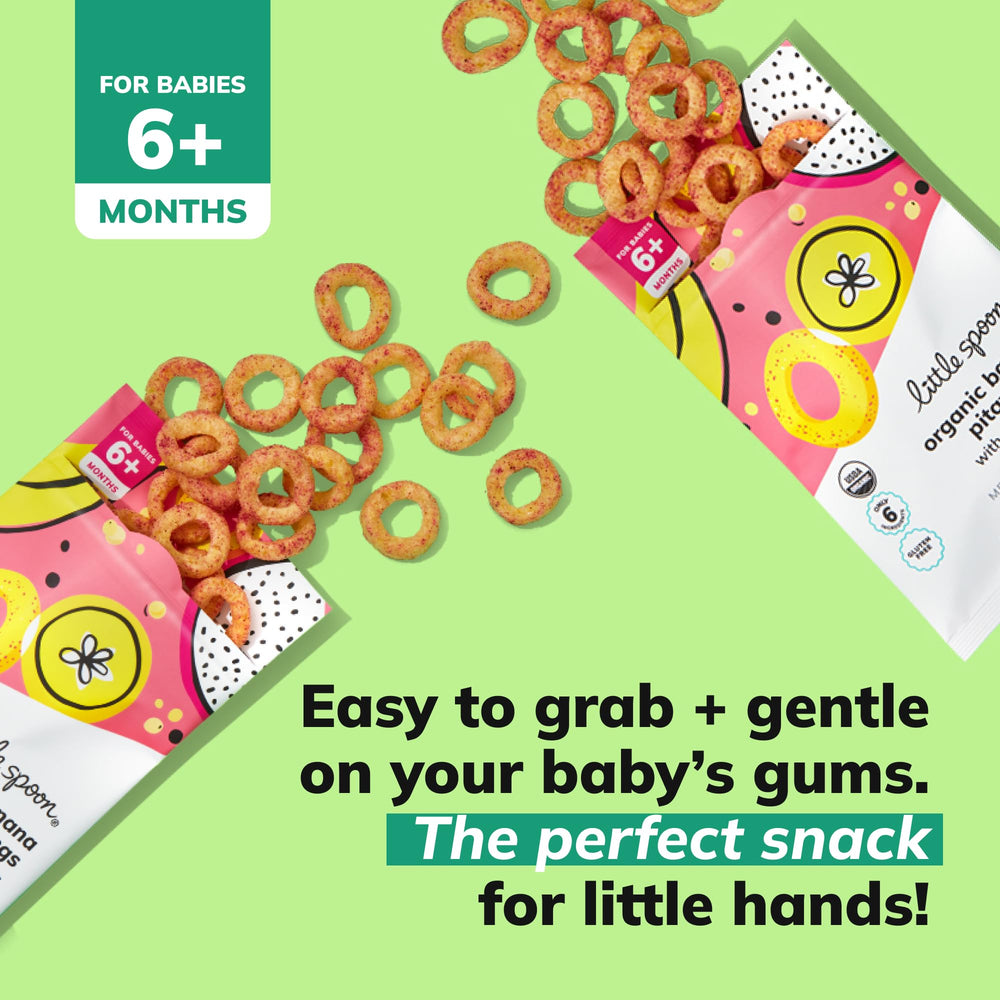 Little Spoon Banana Pitaya Meltable Baby Puffs self-feeding demonstration promotes grasp and practice.