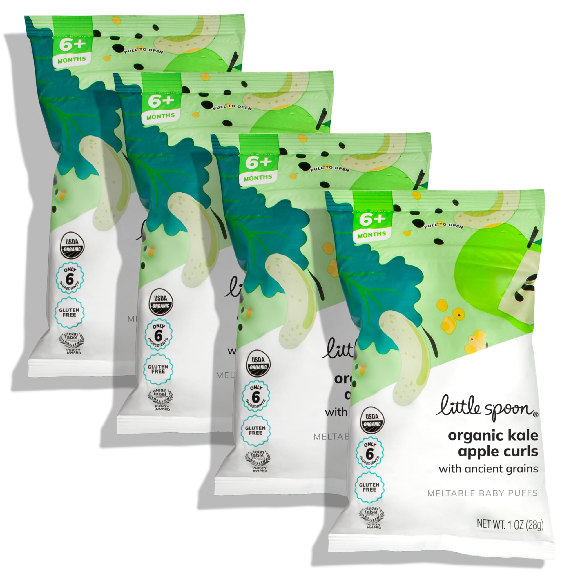 Little Spoon Kale Apple Meltable Baby Puffs pack shows easy-to-hold puffs for self-feeding.