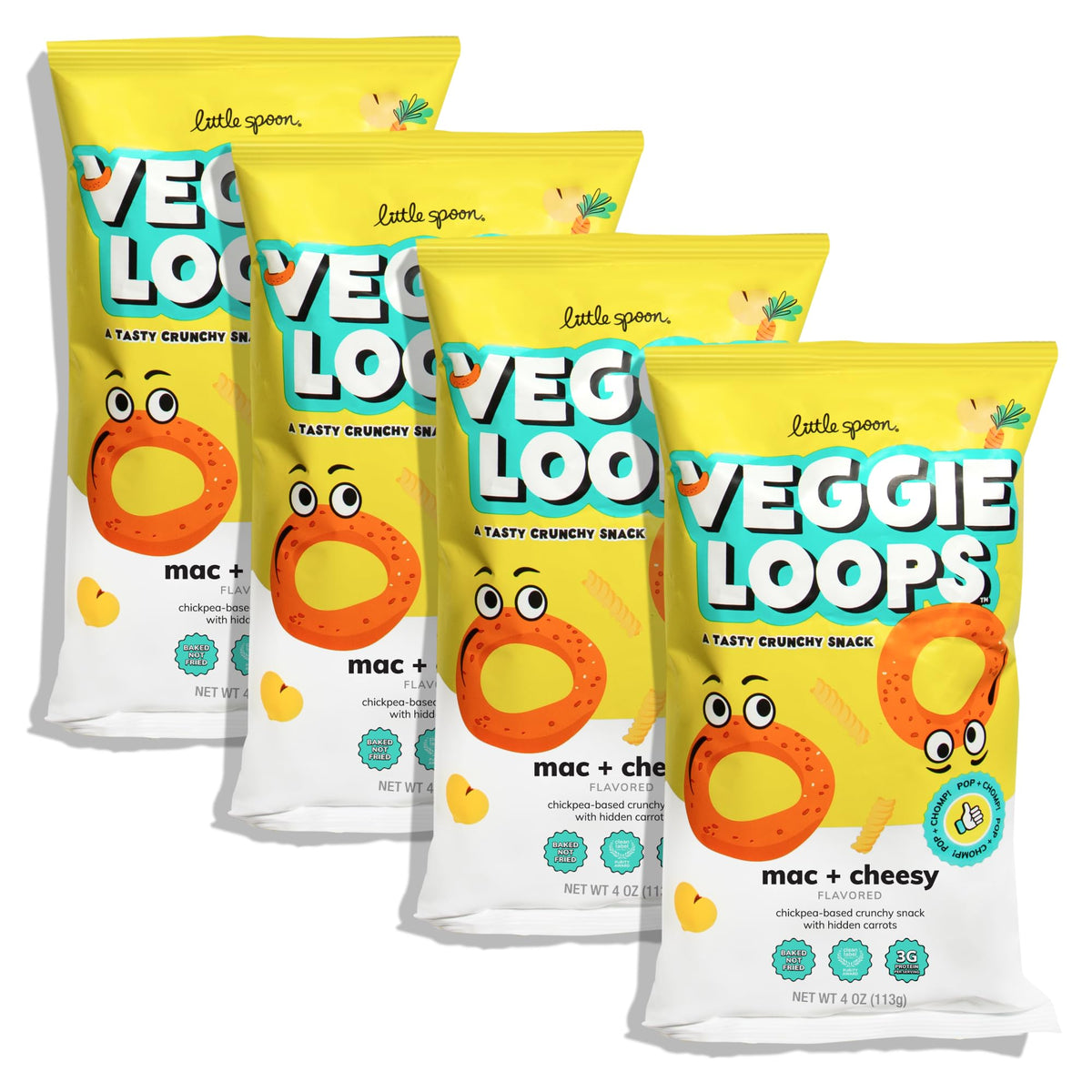 Little Spoon Mac and Cheesy Veggie Loops packaging shown as a gluten-free kid snack
