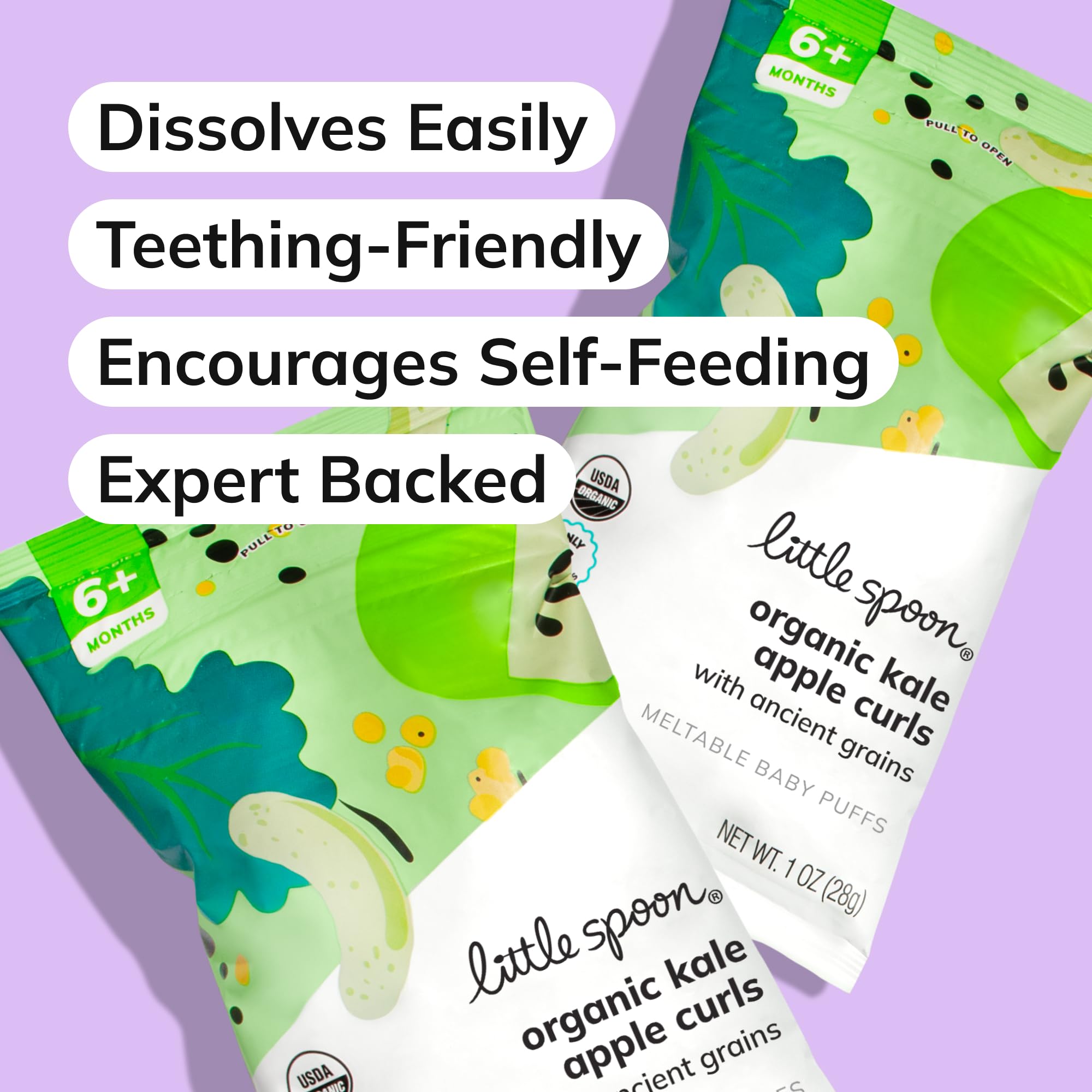 Little Spoon Kale Apple Meltable Baby Puffs on-the-go snack for busy days.