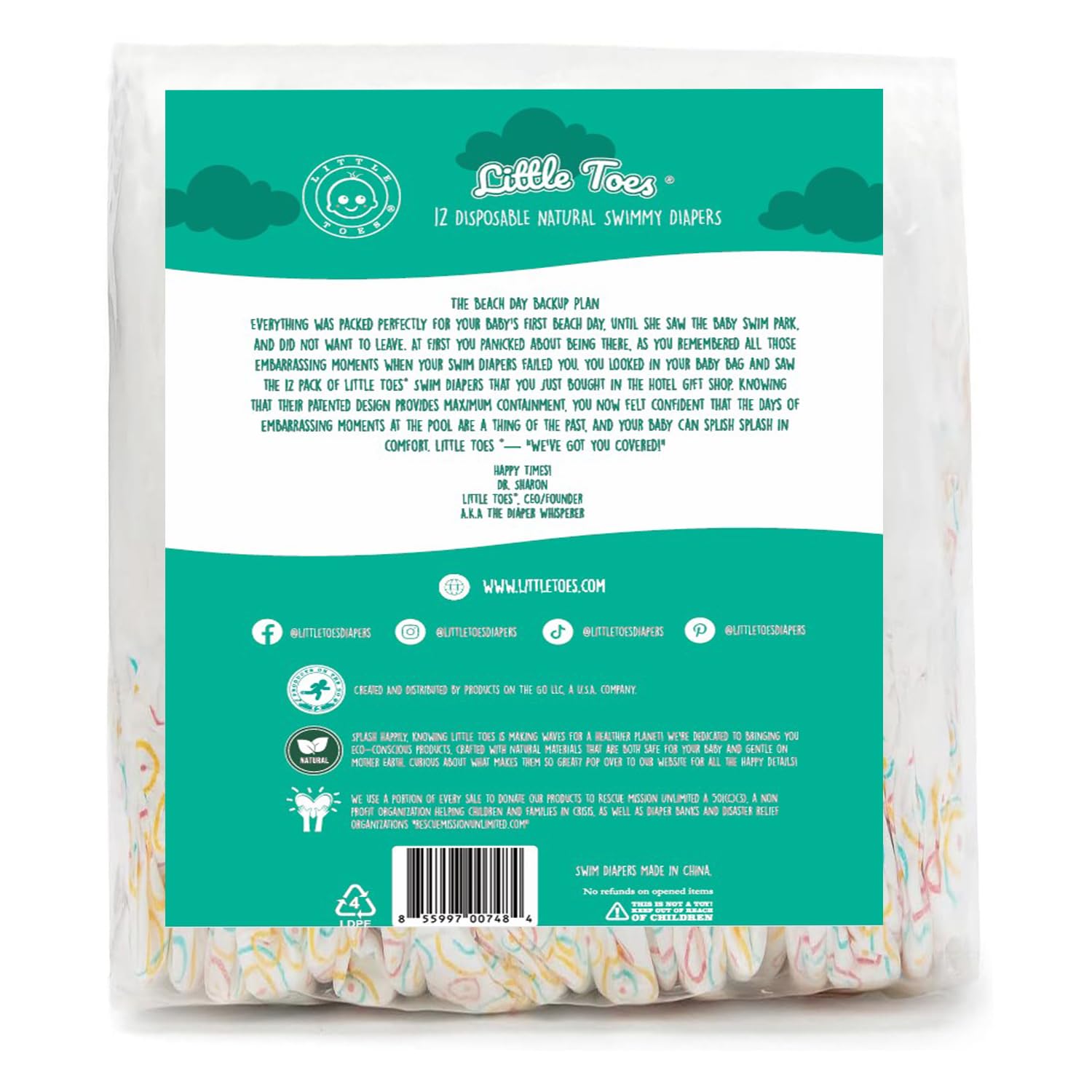 Little Toes Swimmy diapers side view highlighting flexible 360-degree waistband for movement