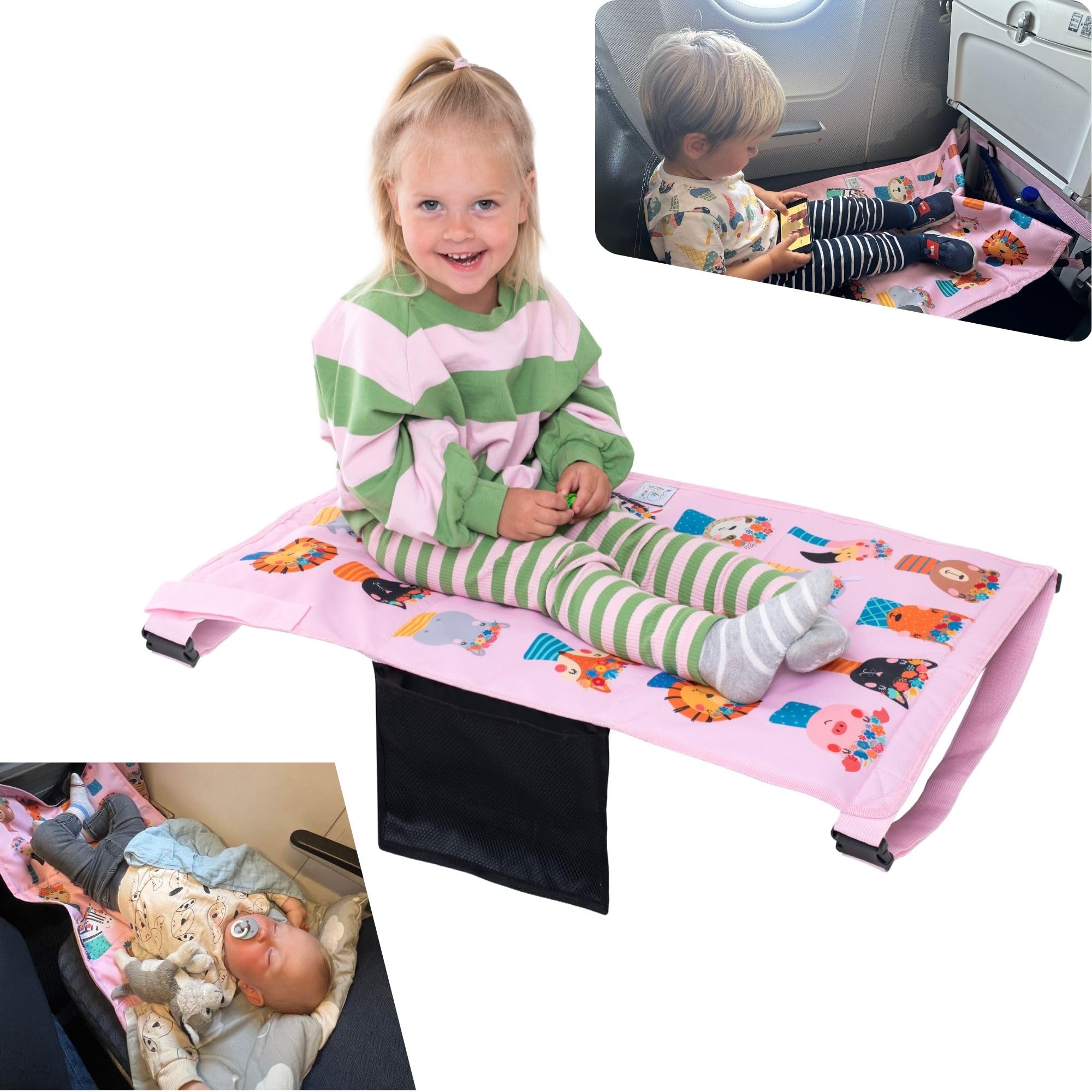 Little Traveler airplane seat extender setup on a tray table for quick comfort