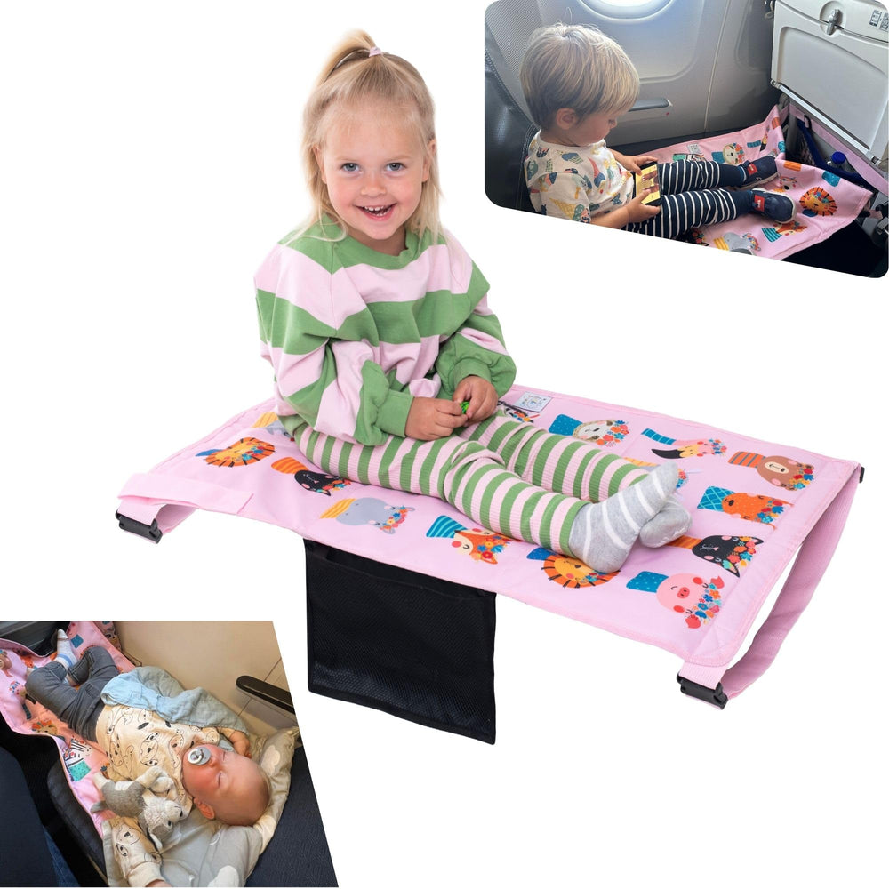 Little Traveler airplane seat extender setup on a tray table for quick comfort