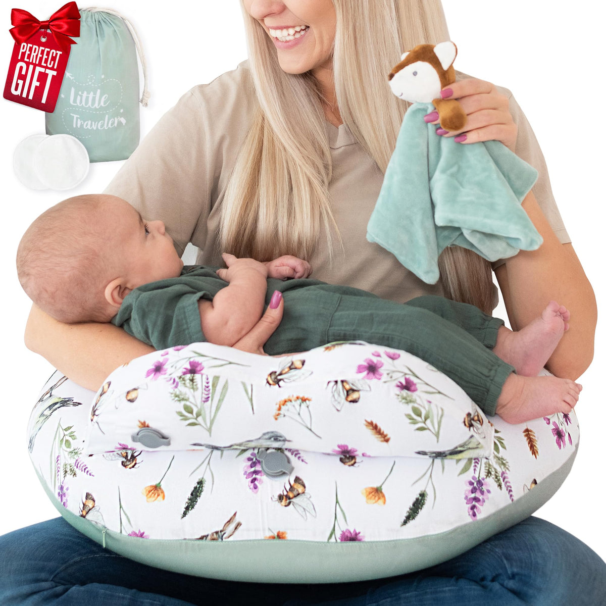 Little Traveler inflatable breastfeeding pillow in packaging showing portable design