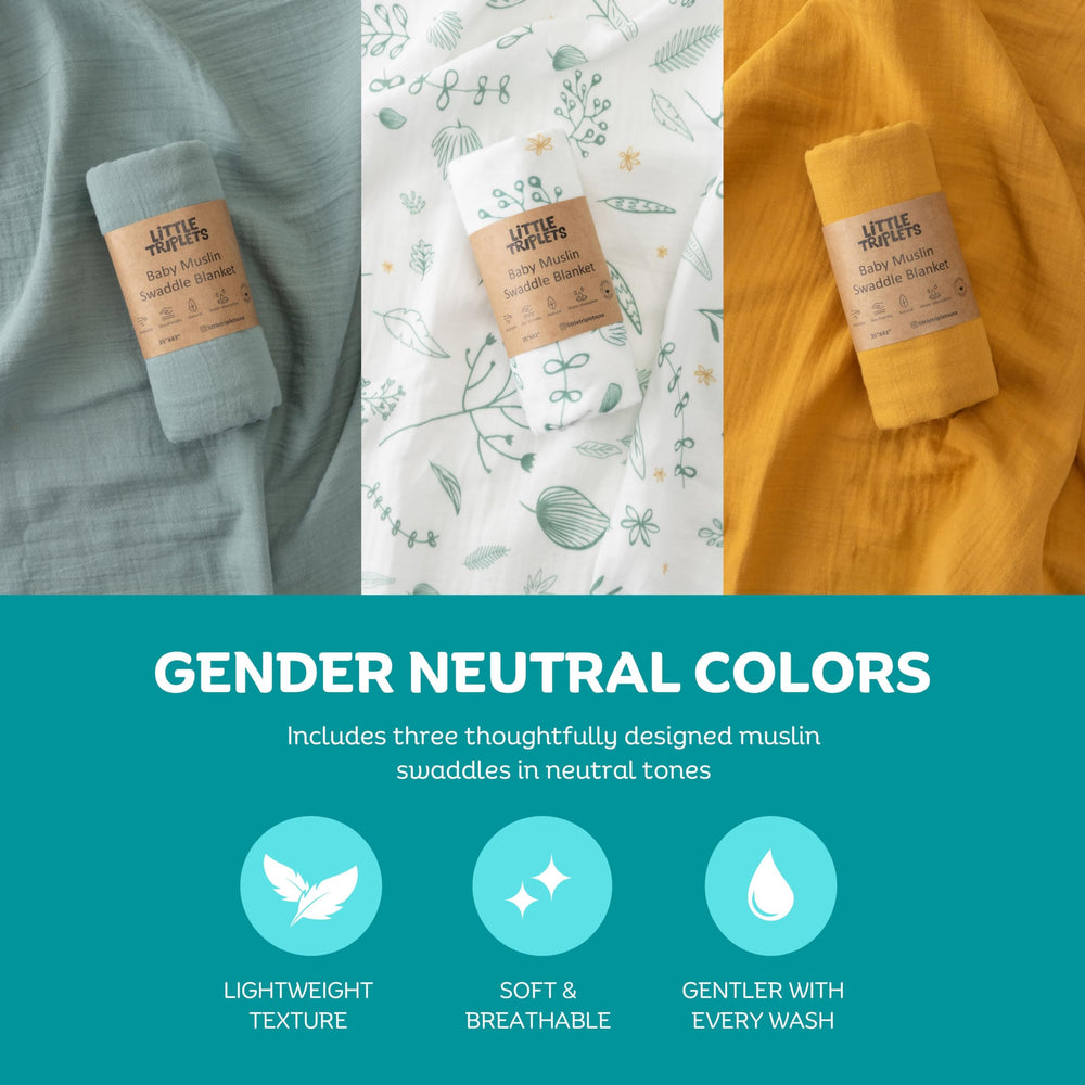 Little Triplets muslin swaddle in neutral colors complements any nursery.