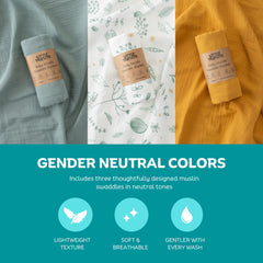 Little Triplets muslin swaddle in neutral colors complements any nursery.