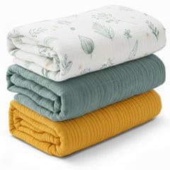 Little Triplets muslin swaddle blankets 3-pack in gift-ready packaging.