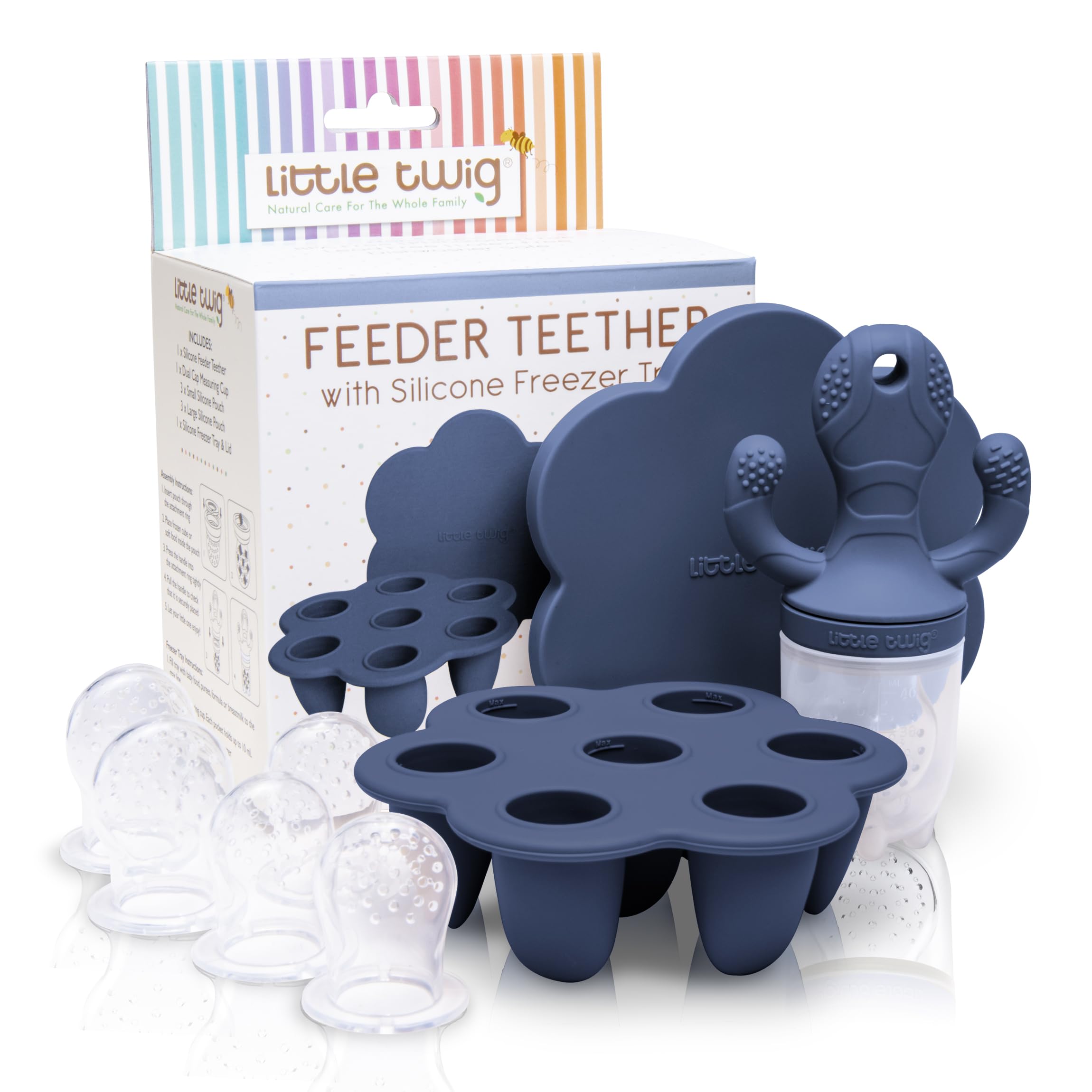 Little Twig feeder-teether steel blue assembly shows safe silicone design for feeding and teething