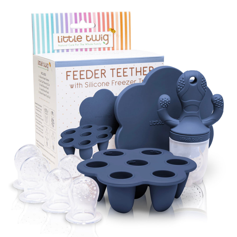 Little Twig feeder-teether steel blue assembly shows safe silicone design for feeding and teething