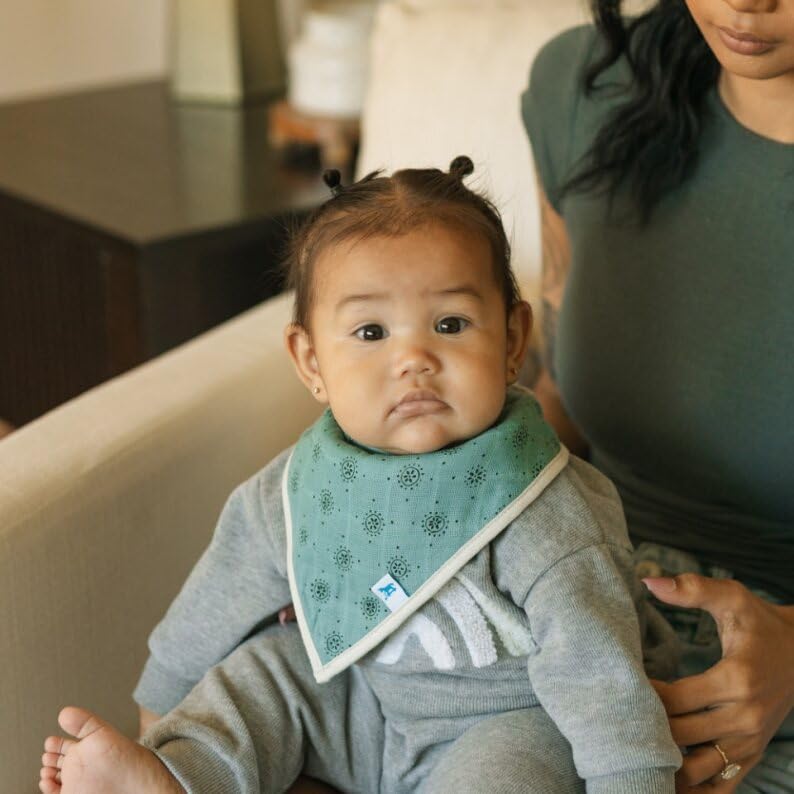 Little Unicorn Bandana Bib contoured fit sits softly on baby's chest during wear.
