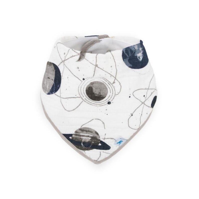Little Unicorn bib planetary strap detail highlights adjustable snaps for growth.