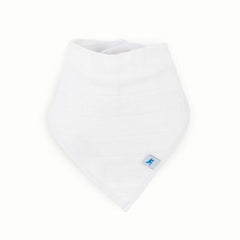 Little Unicorn white bib on a teething baby for drool control.