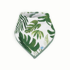 Little Unicorn bandana bib tropical leaf pack back demonstrates fleece backing to keep outfits dry