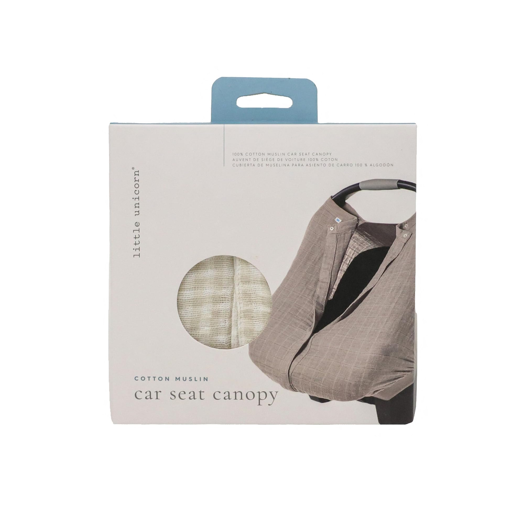 Little Unicorn canopy with elastic stretch fit secures around most infant car seats.