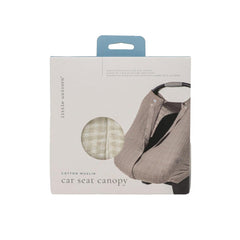 Little Unicorn canopy with elastic stretch fit secures around most infant car seats.