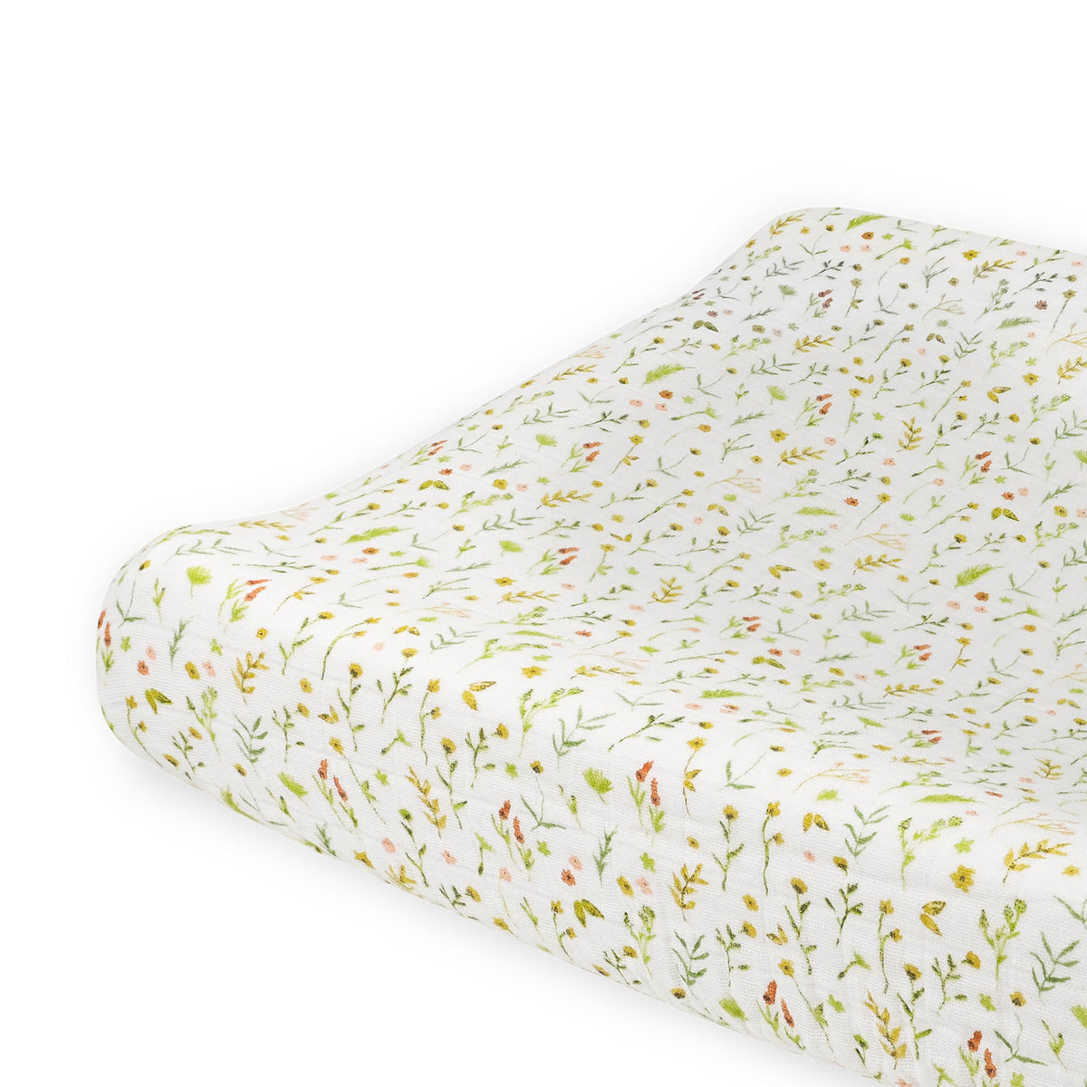 Little Unicorn changing pad cover Floral Field full shot shows soft organic cotton muslin.