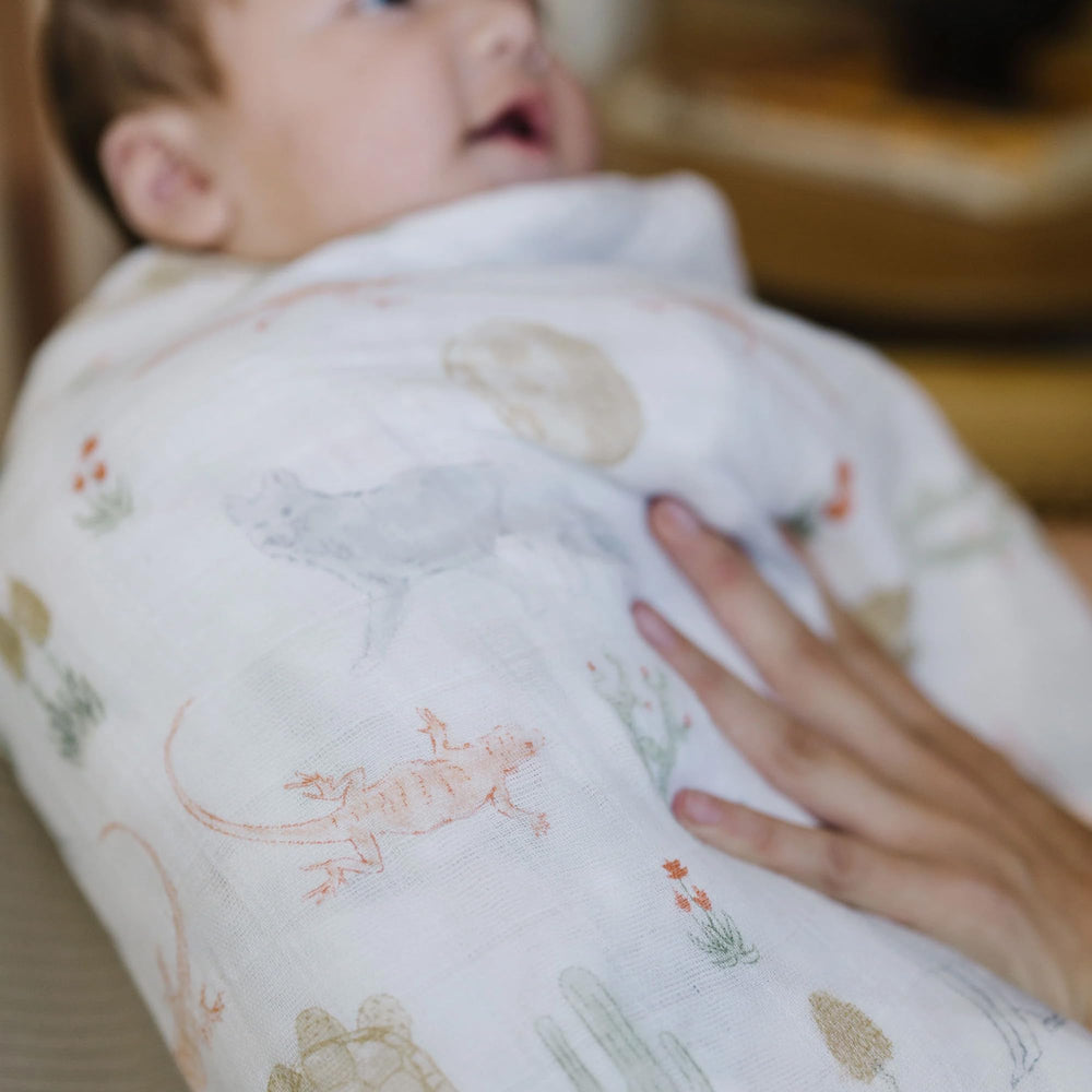 Little Unicorn Desert Night swaddle in machine-washable care routine for busy families.