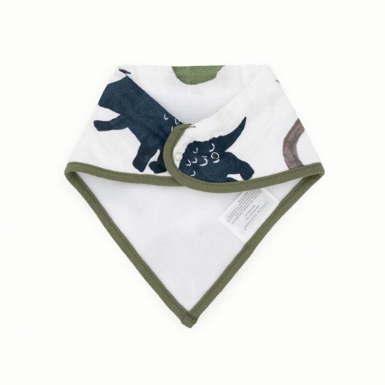 Little Unicorn Dino Friends bandana bib close-up emphasizes fleece backing that helps keep clothing dry.