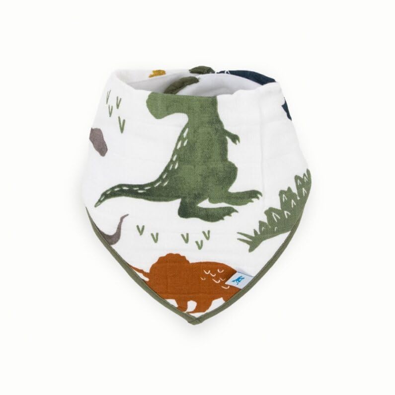 Little Unicorn Dino Friends bib pack flat lay highlights soft muslin fabric ideal for teething messes.