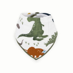 Little Unicorn Dino Friends bib pack flat lay highlights soft muslin fabric ideal for teething messes.