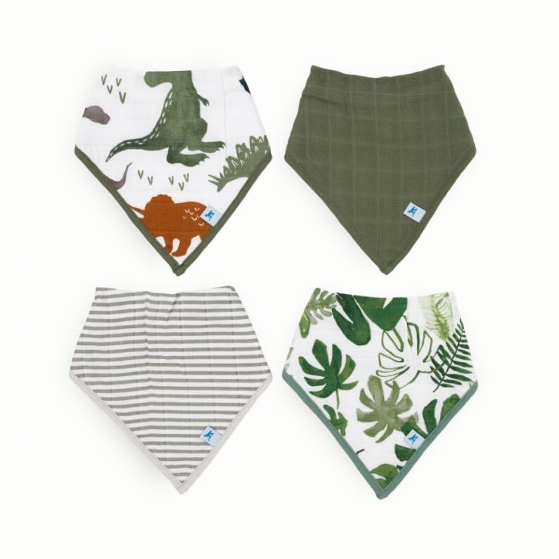 Little Unicorn Dino Friends bandana bib pack front view shows absorbent cotton for messy drool moments.
