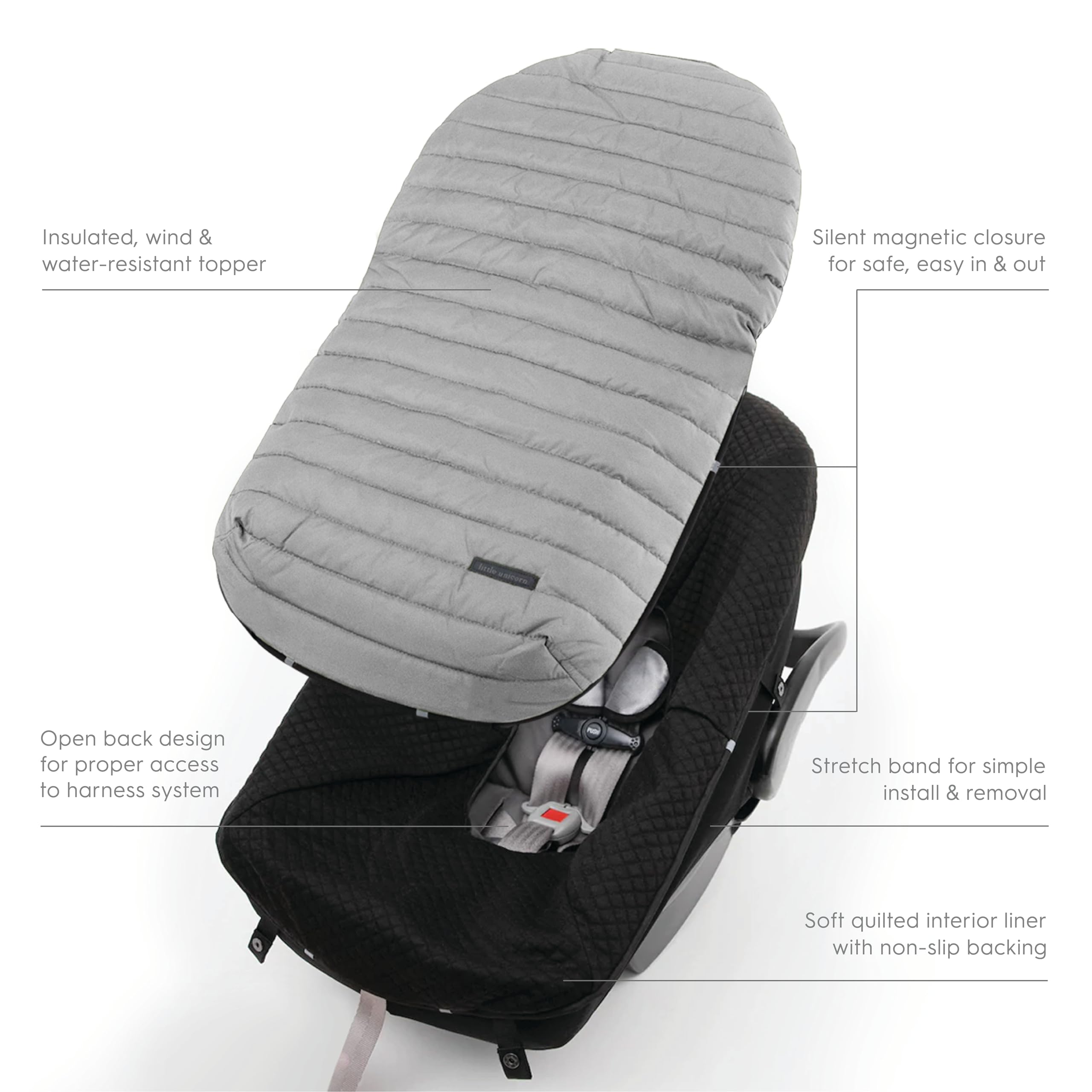 Little Unicorn footmuff magnetic closures provide quiet checks on the go.