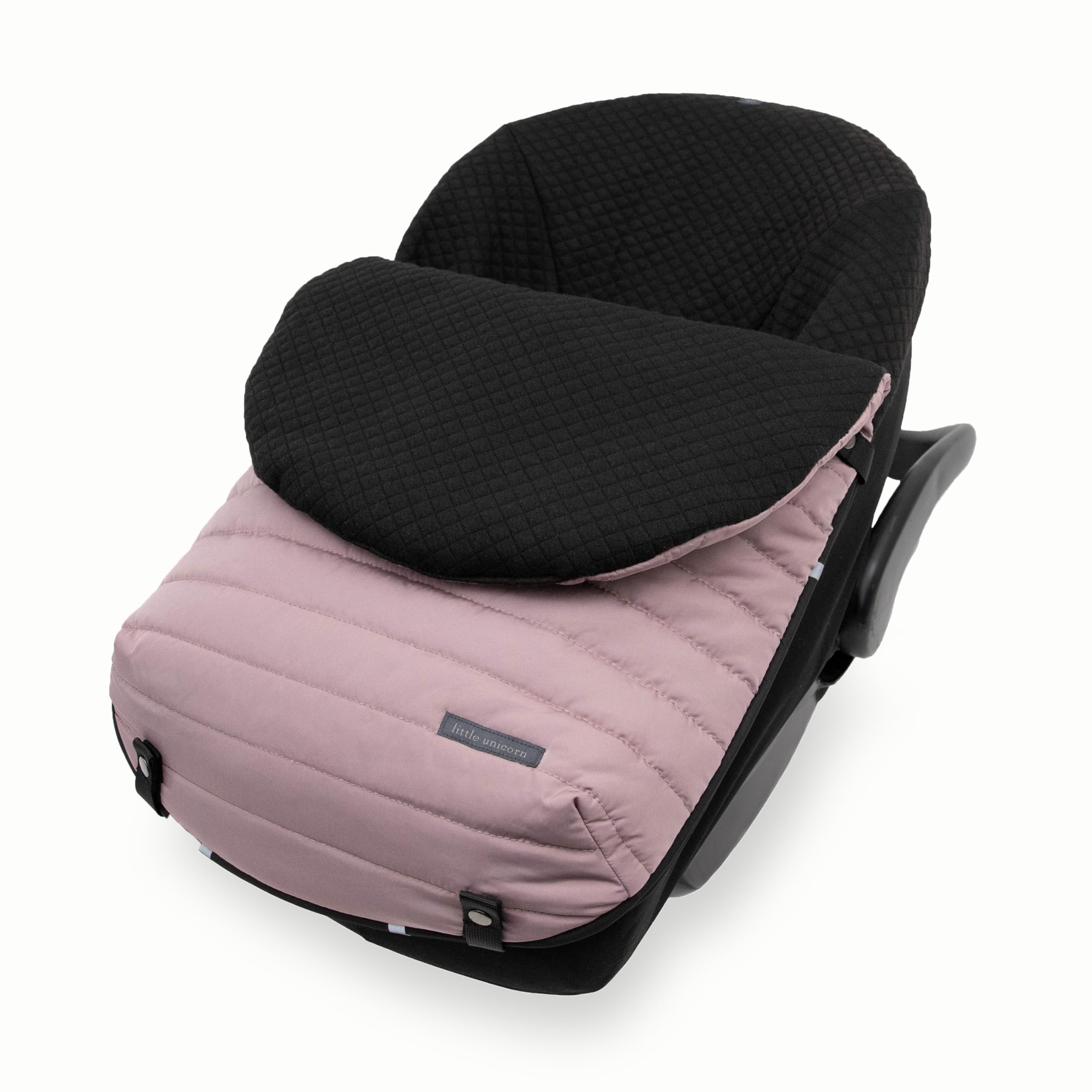 Little Unicorn footmuff open-back design enables harness access for quick checks.