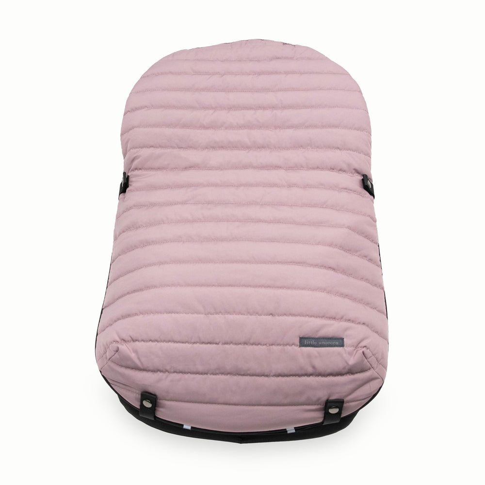 Little Unicorn footmuff universal fit demonstrates stretch fabric for many car seats.