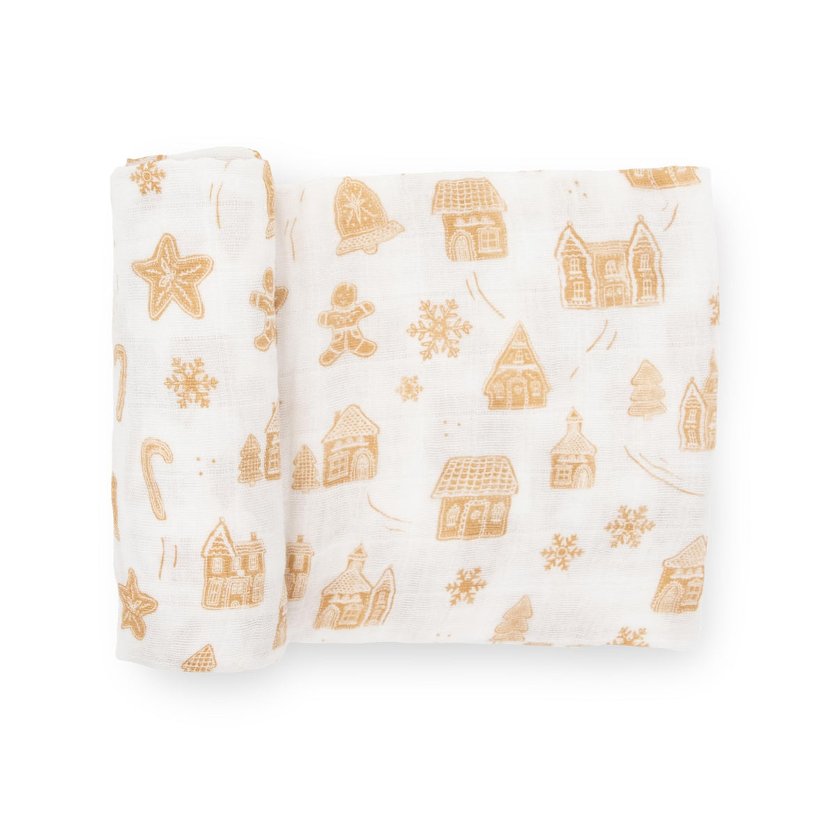 Little Unicorn Gingerbread Village swaddle folded shows breathable 100% cotton muslin for comfort.