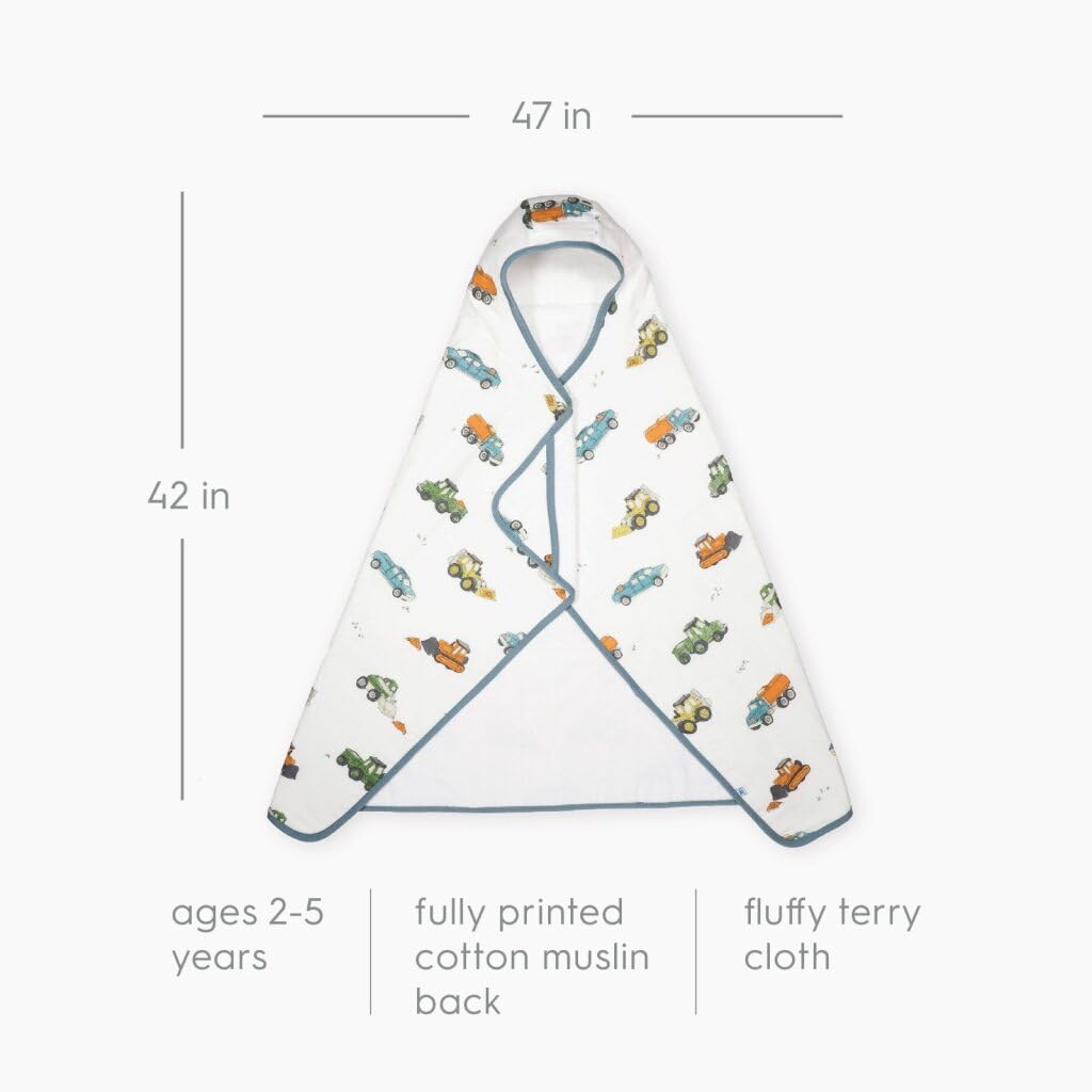 Little Unicorn hooded bath towel size 42x47 inches offers generous toddler coverage.