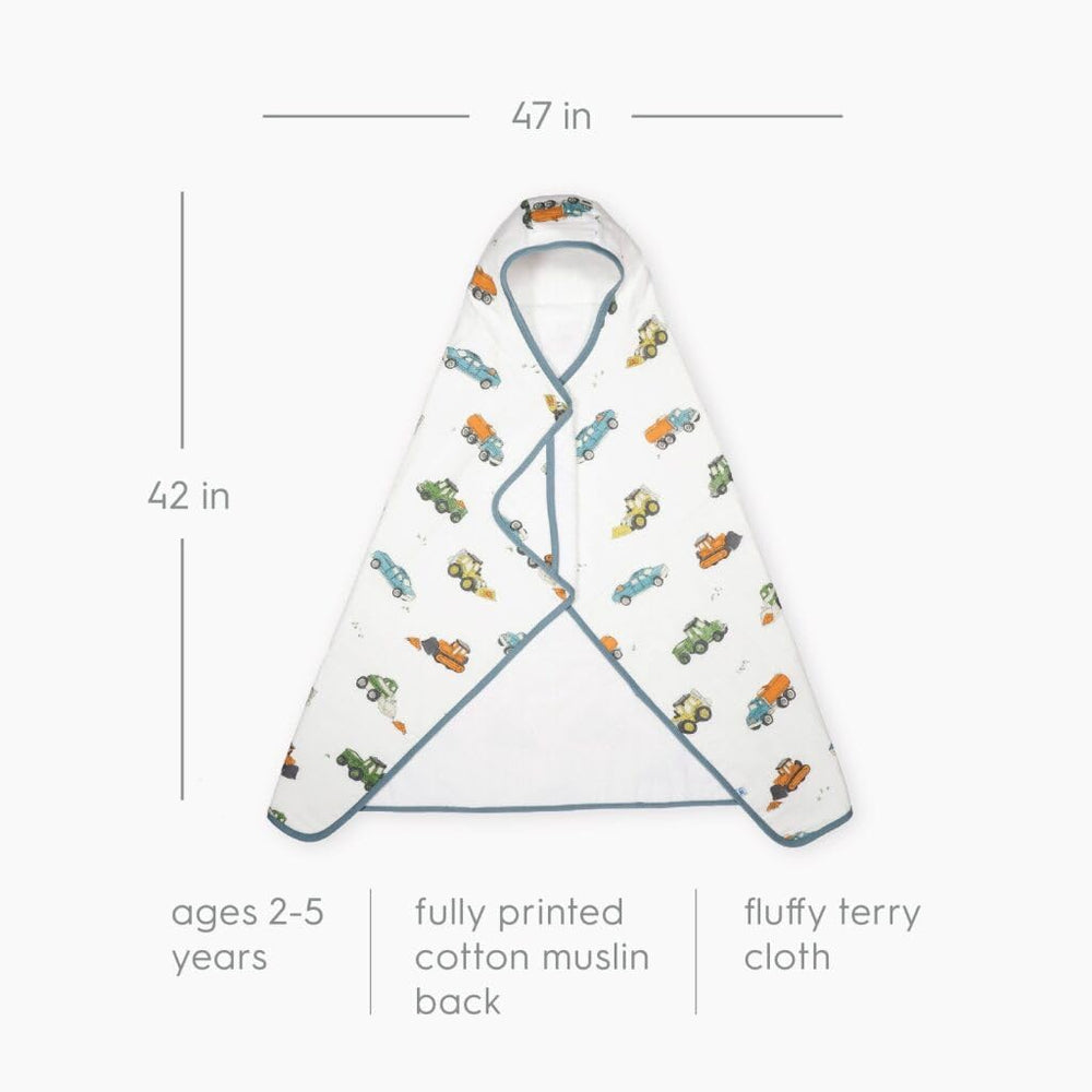 Little Unicorn hooded bath towel size 42x47 inches offers generous toddler coverage.