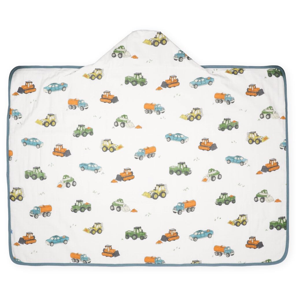 Little Unicorn hooded bath towel with work trucks design for playful drying sessions.