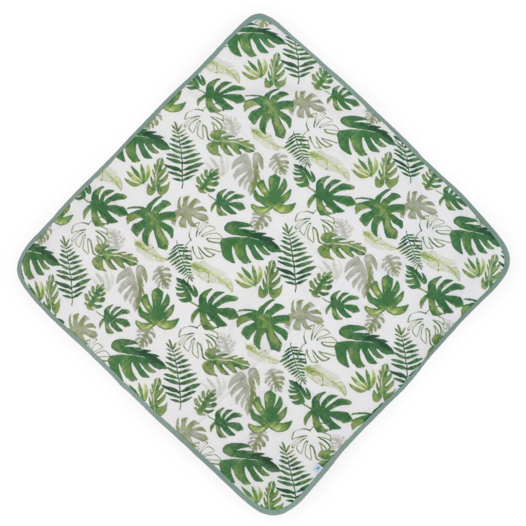Little Unicorn hooded towel tropical leaf absorbent terry interior for quick drying.