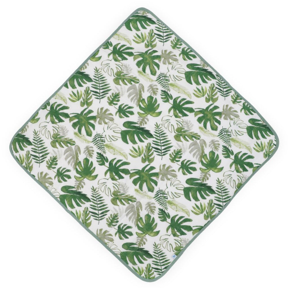 Little Unicorn hooded towel tropical leaf absorbent terry interior for quick drying.
