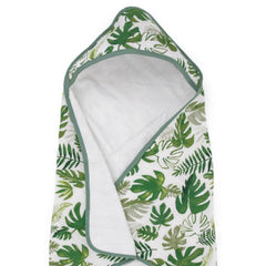 Little Unicorn hooded towel tropical leaf front view for gentle newborn drying.