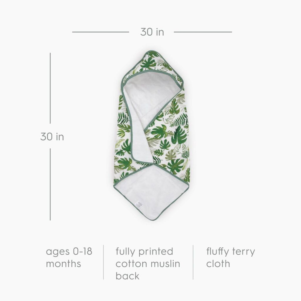 Little Unicorn hooded towel tropical leaf muslin backing two-sided design detail.