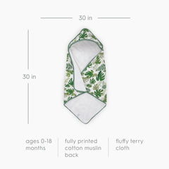 Little Unicorn hooded towel tropical leaf muslin backing two-sided design detail.
