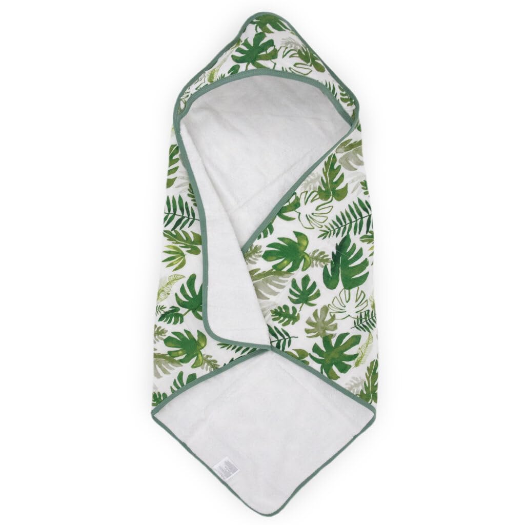 Little Unicorn hooded towel tropical leaf packaging ready for gifting.