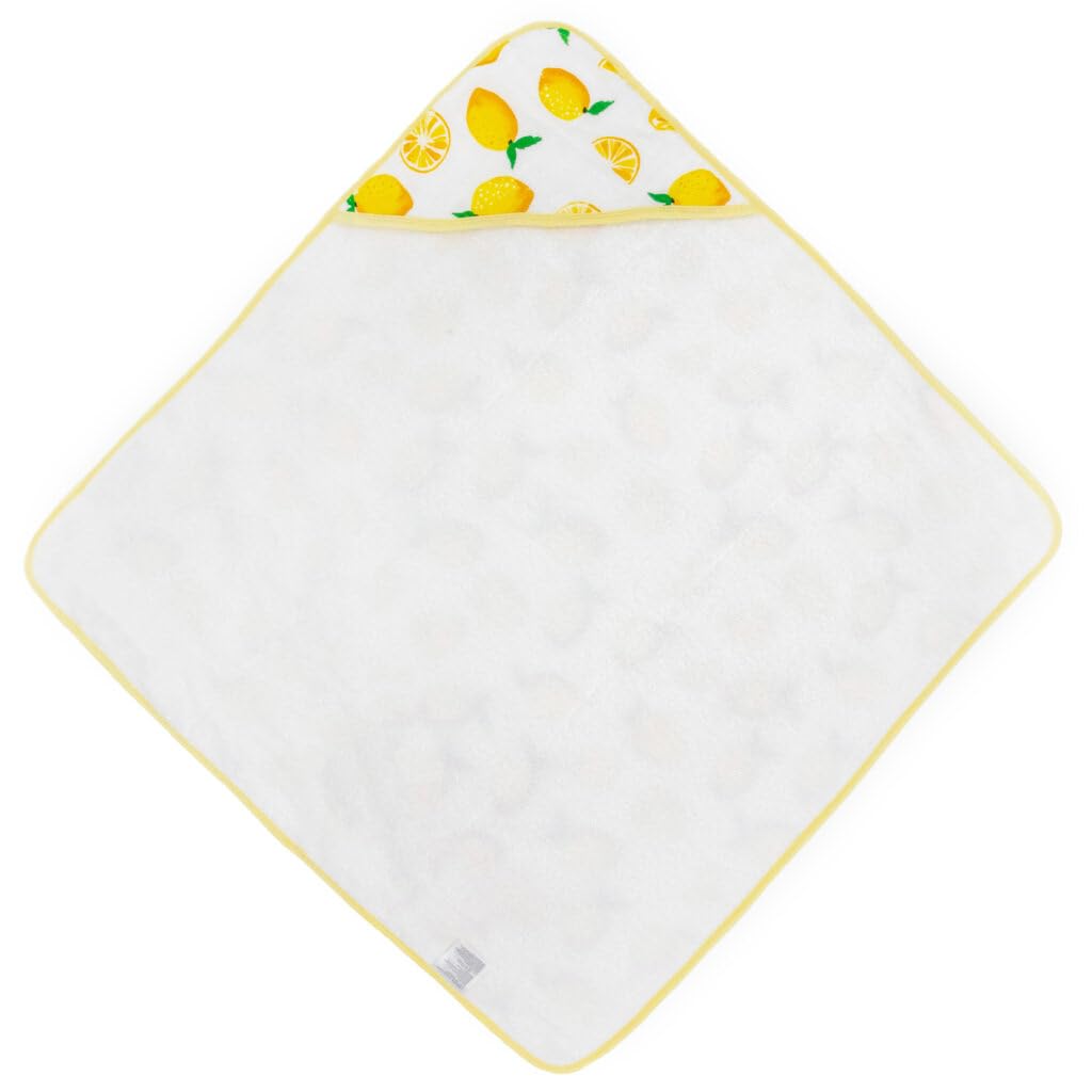 Little Unicorn lemon hooded towel exterior material shows soft cotton muslin for newborn drying.