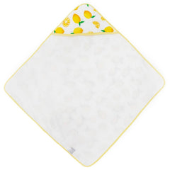 Little Unicorn lemon hooded towel exterior material shows soft cotton muslin for newborn drying.